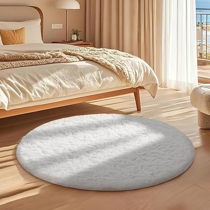Ophanie Round Rug 4Ft White Circle Area Rug, Aesthetic Room Decor, Fluffy Fuzzy Bedroom Carpet, Plush Soft Shaggy Living Room Rugs for Kids Home, Nursery