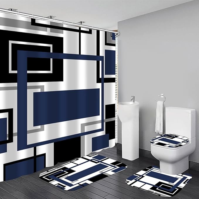 Yddsky 4 Pcs Blue Geometric Shower Curtain Sets with Rugs Blue Bathroom Sets with Shower Curtain and Rugs Modern Bathroom Curtains Shower Set with Toilet Lid Cover for Bathroom Decor Accessories