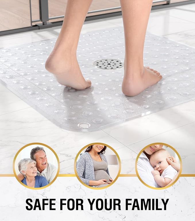HITSLAM Shower Bathtub Mat Non Slip, 24"x 24" Bath Mat for Tub, Soft PVC Shower Mats for Inside Shower with Suction Cups and Center Drain Hole, Machine Washable Bathroom Floor Mat, Clear
