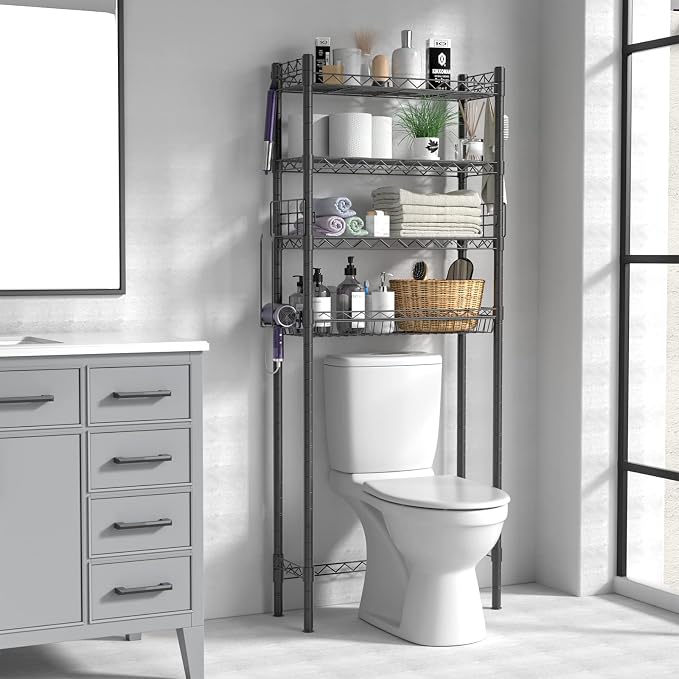 Hodonas 4-Tier Over The Toilet Storage, Adjustable Over Toilet Bathroom Organizer Rack, Freestanding Bathroom Shelves Above Toilet Storage, Sturdy Bathroom Space Saver with Basket and Shelves, Gray