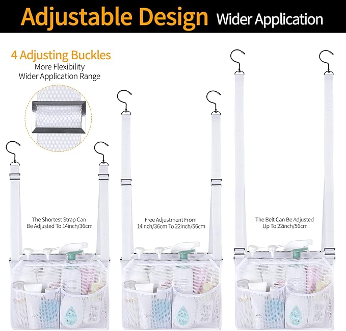 4 Storage Pockets Adjustable Hanging Mesh Bathroom Bag, Shower Caddy College with Hooks, Applied to College Dorm Rooms, Gym, Swimming and RV Travel (White)