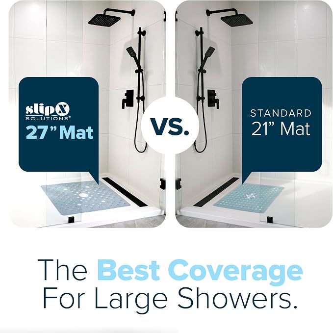 SlipX Solutions 27" Oversize Square Shower Mat, Non-Slip Mat for Elderly & Kids, 100+ Power Grip Suction Cups for Smooth Surfaces, Machine Washable, Solid Gray