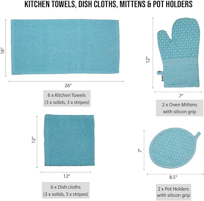 Lane Linen 16Pc Kitchen Towel Set - Heat Resistant Oven Mitts & Pot Holders, Reusable Dish Cloths, Absorbent Hand Towels - Aqua