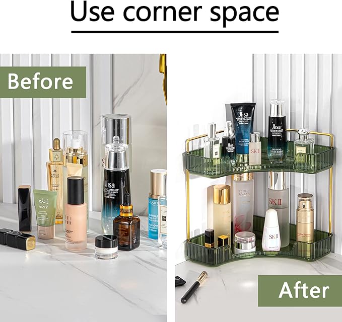 shuang qing 2-Tier Corner Bathroom Counter Organizer – Storage Shelf for Makeup, Perfume & Skincare, Space-Saving Countertop Tray Fits Bathroom, Dresser, Kitchen (Green)