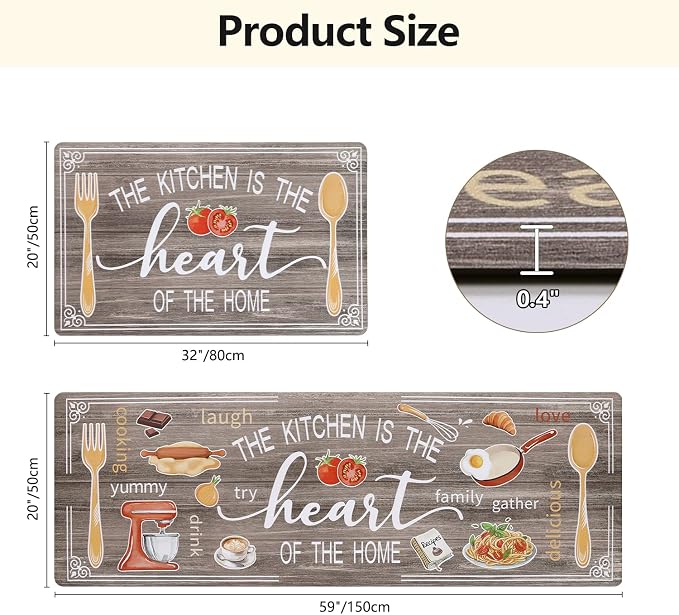 Yamaziot Anti Fatigue Kitchen Rug Set of 2, 20" x 59"+20" x 32"Non-Slip Waterproof Farmhouse Cushioned Comfort Standing Floor Mat for Kitchen, Office, Sink, Laundry