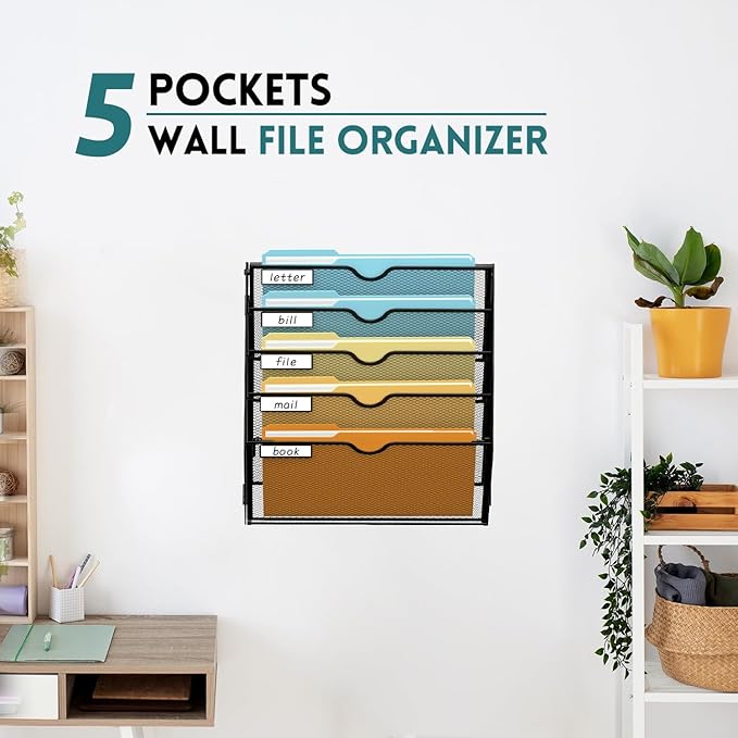 SUPEASY 5 Tier Wall File Organizer, Hanging Wall Mounted Mail Organizer with Label Slots, Metal Mesh File Holder Magazine Rack for Office, Home, School or Classroom, Black, 2Pack