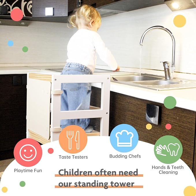 Kitchen Step Stool for Toddlers with Non-Slip Mat, WOOD CITY Wooden Kids Montessori Learning Stool Tower, Toddler Standing Tower Helper for Kitchen Counter and Bathroom Sink(White-Natural-Adjustable)