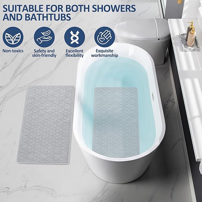 Non Slip Bathtub Mat | Real Rubber Bath Mat for Tub and Shower | Bath Mat for Daily Safety | Pet Dog Bath Mat | Soft No-Slip Bath Mat | Nonskid Bathroom Tub Mat, 16” x 28”（Gray）