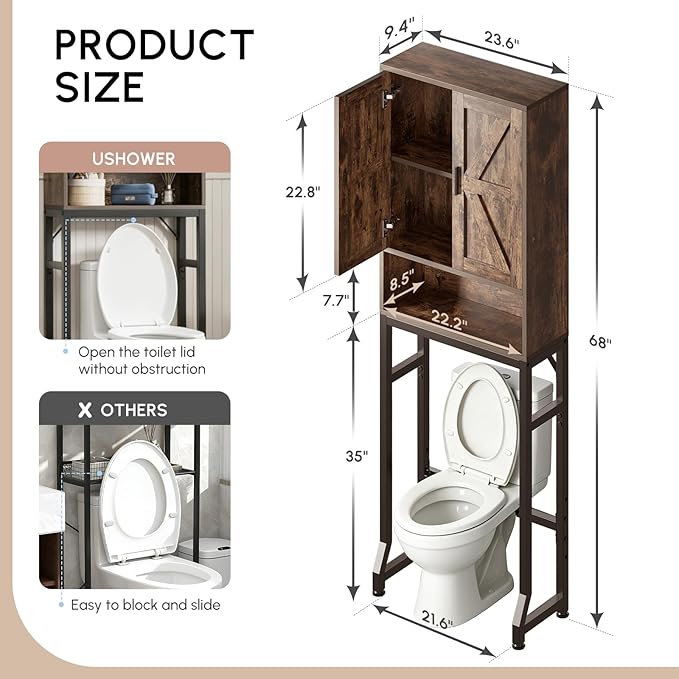 USHOWER Over The Toilet Storage Cabinet, Bathroom Organizers and Storage with Barn Doors, Thicken Metal Stand & MDF Wood Above Toilet Storage Cabinet, Freestanding Space Saver, Brown