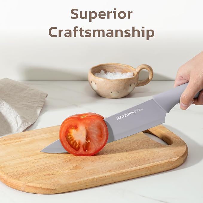 Astercook Knife Set, 13 Pieces Kitchen Knives Set with Healthy Anti-Rust Coating, Dishwasher Safe, Stainless Steel Chef Knife Sets with 6 Blade Guards, Fathers Day Gift for Men Morandi