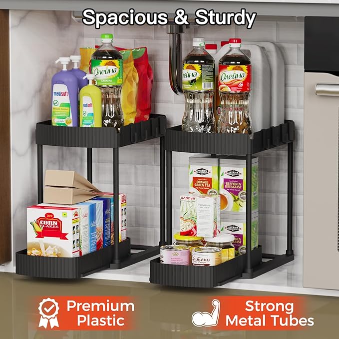 Ukeetap 2 Pack Multi-Purpose Pull-Out Storage Organizers, Under Sink Organizers and Storage for Bathroom & Kitchen, Under Cabinet Organizers and storage, 14.8 Inch, Black