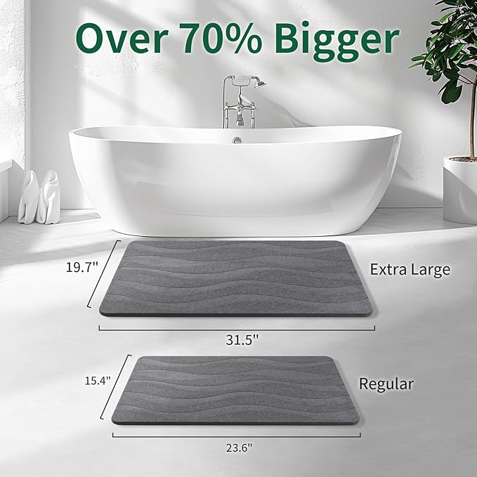 XMarrat Stone Bath Mat, 23.6'' x 15.4'' Super Absorbent Diatomaceous Earth Bath Mat Large, Quick Drying Non-Slip Diatomite Stone Bath Mats for Bathroom, Easy to Clean (Dark Gray)