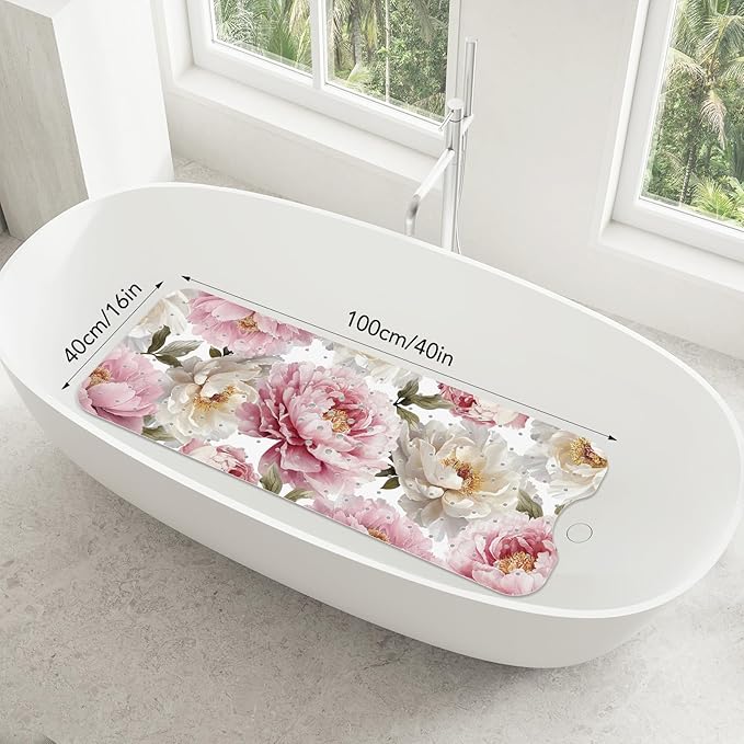 SHUCHING Vintage Peony Flower Bath Mat for Tub Non Slip-40 X 16Inch, Bathtub Mat Anti Slip for Women, Extra Long Shower Mat for Bathroom Mold Free, Machine Washable