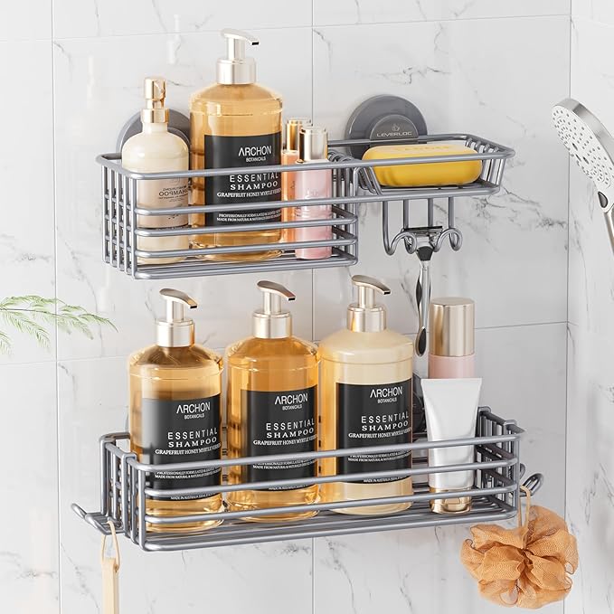 LEVERLOC Suction Cup Shower Caddy, Rustproof Shower Shelves for Inside with Hooks and Soap Holder, 2 Pack No Drill Meatl Bathroom Shower Organizer Grey