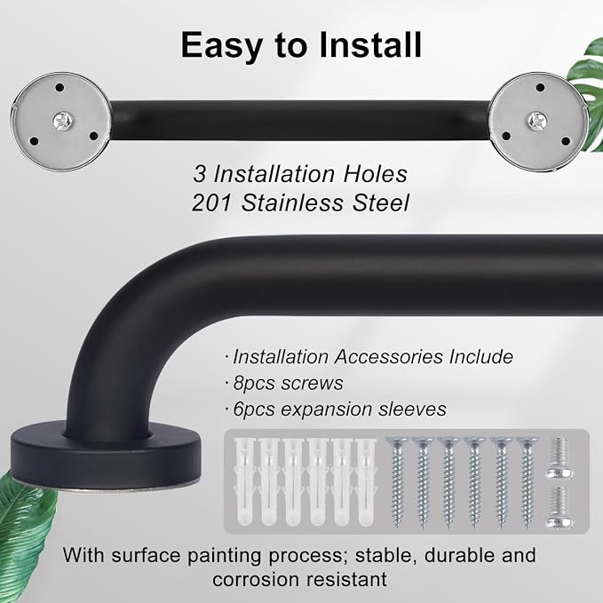supregear Grab Bars for Wall, Bathroom Shower Handle for Seniors, 1 Inch Diameter 201 Stainless Steel Safety Hand Rail, Wall Mounted Toilet Bathtub Support, Black Finish, 16 Inch