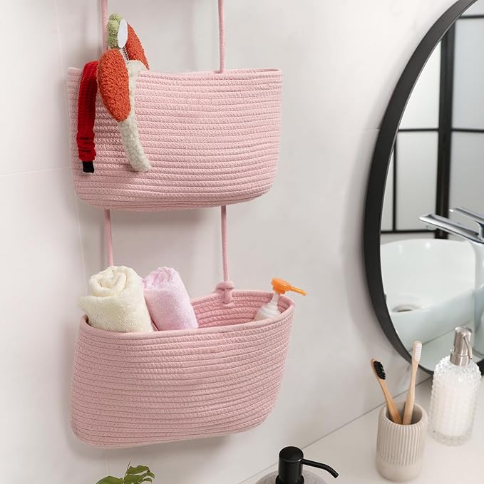 TeoKJ Over the Door Hanging Basket, 3-Tier Woven Cotton Wall-Mounted Storage Organizer Bag Decorative Hanging Nursery Baskets, Pink