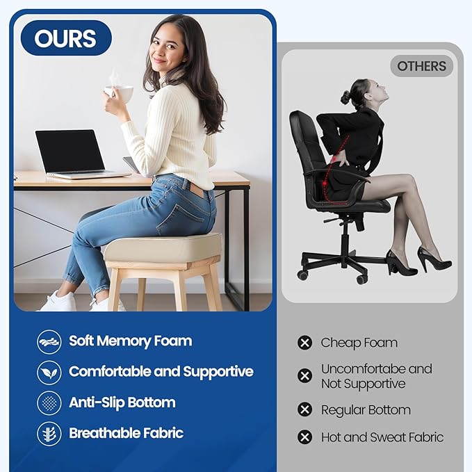 SweetSlubr Seat Cushion for Tailbone Pain Relief, Office Chair Cushion, Memory Foam Large Chair Cushion with Non-Slip Cover for Soft Support at Office Chair, Car Seat, Airplane Beige/2X-Large