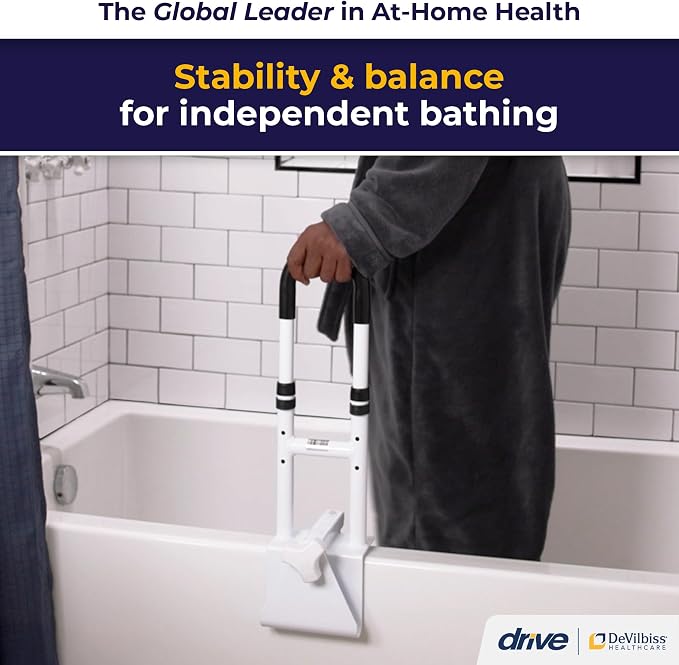 Drive Medical Adjustable Bathtub Grab Bar & Bathtub Safety Rail - Easy Clamp-On Installation - Durable Powder-Coated Steel Construction - Adjustable Height 14” to 17” - Scratch Proof Non-Slip Pads