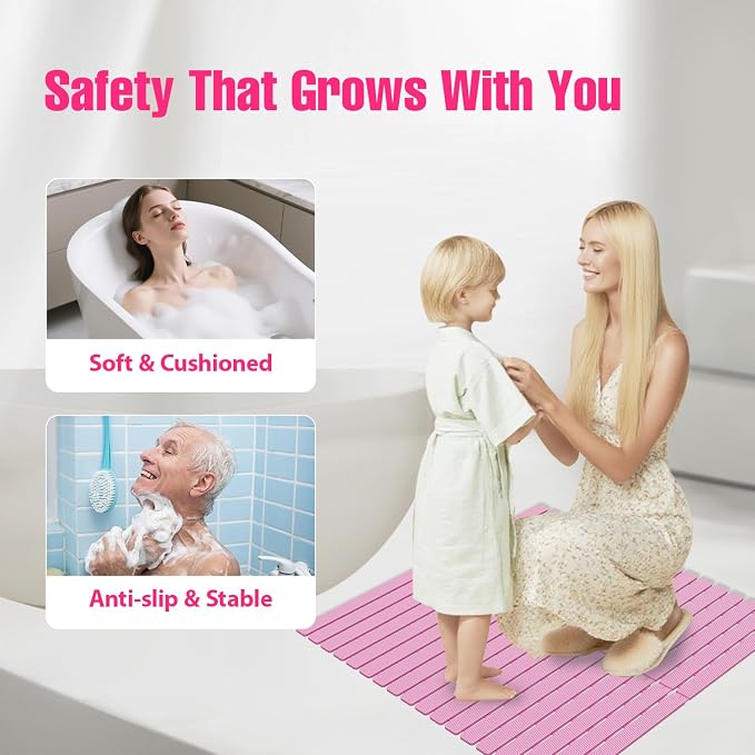 Shower Mat Non-Slip Bath Mat for Tub and Shower Stall,236 Suction Cups with Drain Holes, Quick Dry Machine Washable, Extra Grip for Stand Up Showers, Bathroom Essentials 24x24 Inch (Pink)