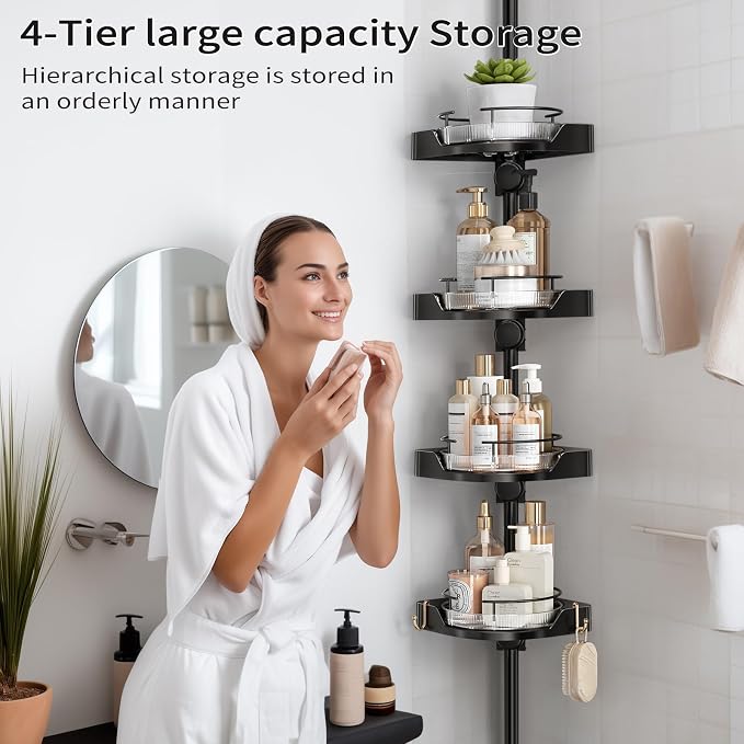 YCIA&DONE 360° Rotating Shower Caddy Tension Pole, 4 Tiers Corner Shower Organizer for Bathroom Shelf Bathtub, Adjustable Standing Shower Rack, Easily Assemble, 34-124 Inch Height, Black