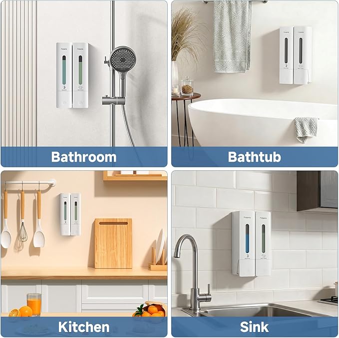 Shampoo Dispenser for Shower - Shower Soap Dispenser Wall Mounted No Drill - Shampoo Body Wash Dispenser 2 Chamber - Easy Install for Bathroom Hotel White 800ml