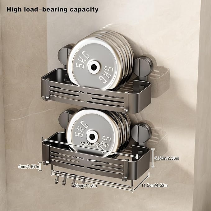 VOLPONE Shower Caddy Suction Shower Shelf No Drilling Shower Organizer Suction Cup Shower Storage Rack Aluminum Wall Mounted Shampoo Holder with Towel Bar Hooks (2-Pack, Matte Gray)
