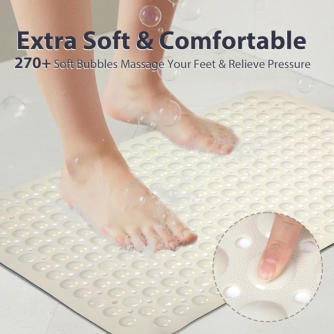 Large Shower Mat 21.5x33.5 Inch Beige, Soft Non Slip Shower Mats for Inside Shower with Big Suction Cups Drain Holes, Extra Large Bath Bathtub Mat Floor Stall Mats, BPA-Free, Easy Clean
