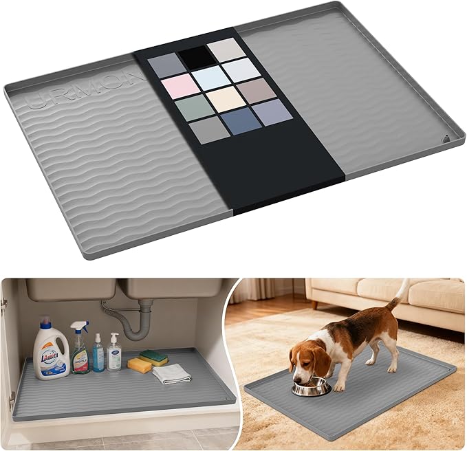 URMONA Waterproof Silicone Under Sink Mat 28'' x 19'' Shelf Liner for Kitchen and Bathroom, Cabinet and Counter Protector, Storage and Organizers, Litter Mat, Pet Cat Puppy Essentials(Beige)