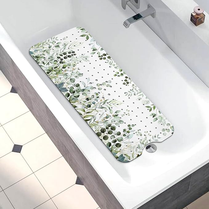 Bathtub Mat Non Slip, Sage Extra Long Bath tub Mat Shower Floor Mat with Suction Cups and Drain Holes for Adults Kids Elderly 40 X 16 Inch