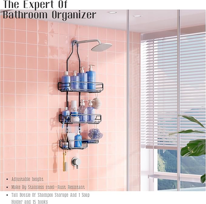 Shower Caddy Hanging Bathroom Organizer: Over Head Adjustable Rack for Tall Showerhead - Extra Large Storage Shelf for Big Shampoo Bottles with Soap Holder