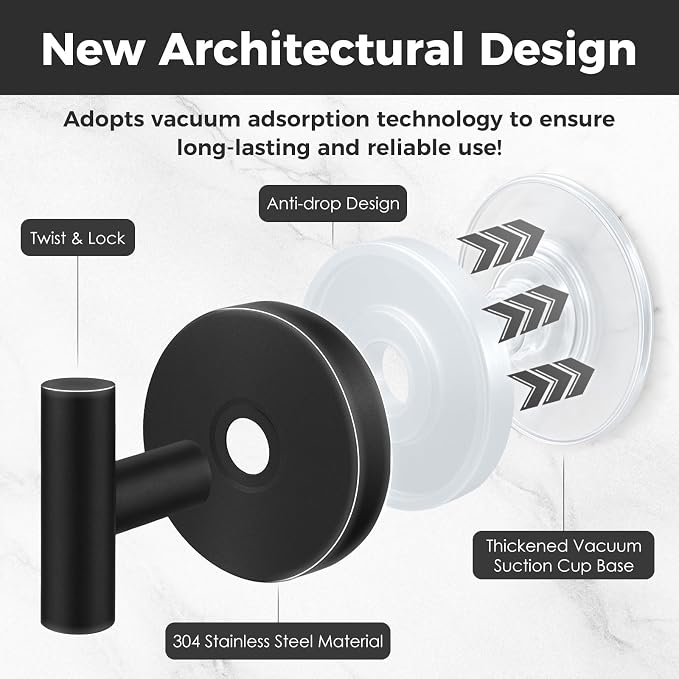 Shower Hooks for Inside Shower,No-Drill Removable&Reusable Towel Hooks for Bathroom,Heavy Duty Suction Cup Hooks for Glass Window,2 Packs(Black)