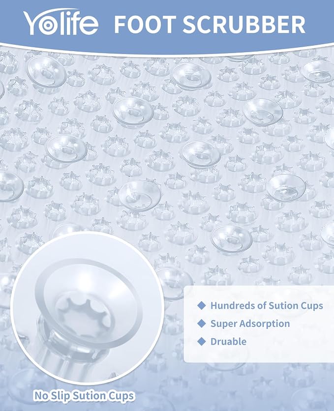 Yolife Shower Foot Scrubber Mat, Anti-Slip Bath Mat with Scrub Bristles, Soft Shower Foot Massager with Strong Suction Cups for Soothe Achy Feet, 25.6" x 13.4"