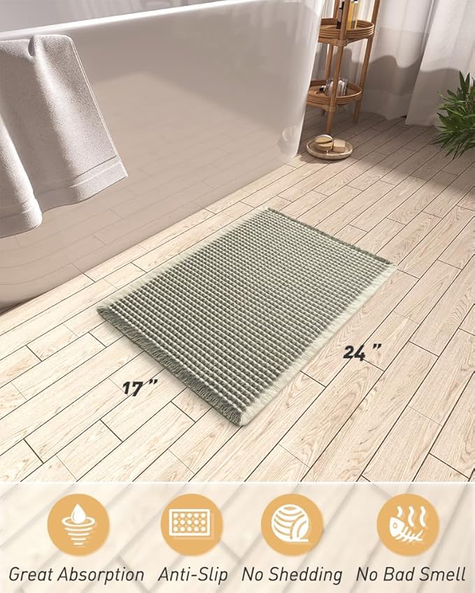 AMOAMI Upgraded Waffle Bath Mat, Super Absorbent Non Slip Bath Mats for Bathroom Floor, Machine Washable Bathroom Rugs with Tassels, Rubber Backed Bathroom Mats, Ultra Soft, 17" x 24", Green & Cream