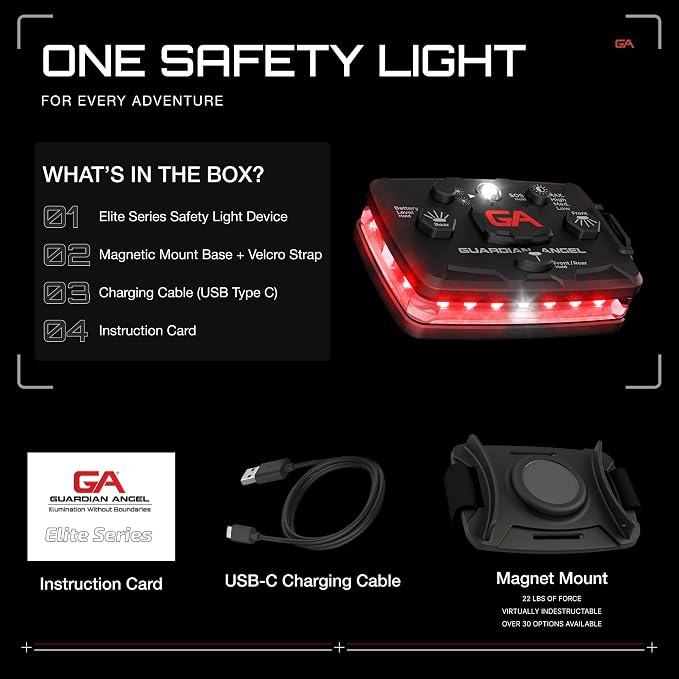 Guardian Angel Elite Series Safety Light - Red Front & Red Rear - Rechargeable, Magnetic, Hands-Free Wearable & Mountable LED Light for Firefighters, First Responders, EMS & Rescue Ops