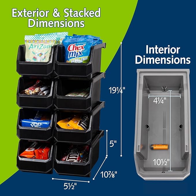 ReadySpace Plastic Containers for Organizing and Storage Bins for Closet, Kitchen, Office, Garage or Pantry Organization, Stackable Bins, Medium (11" x 5" x 5.5"), 8-Pack, Black