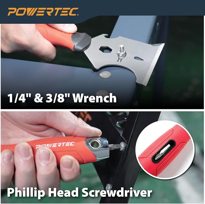 POWERTEC 9-in-1 Painter's Tool w/ 4 Inch Stainless Steel Putty Knife | Straight Scraper, Grout Remover, Roller Cleaning, Can Opener, Bottle Opener, Nail Puller, Screwdriver, 3/8" & 1/4" Wrench (72068)