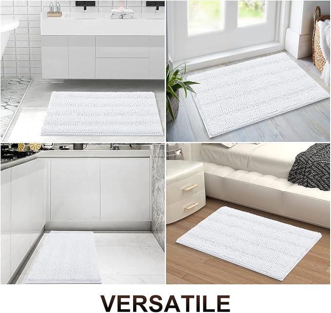 Grandaily Chenille Striped Bathroom Rugs 47x20, Extra Thick and Absorbent Bath Mats, Non-Slip Soft Plush Shaggy Shower Carpet, Machine Wash Dry, Bath Rug for Bathroom, White