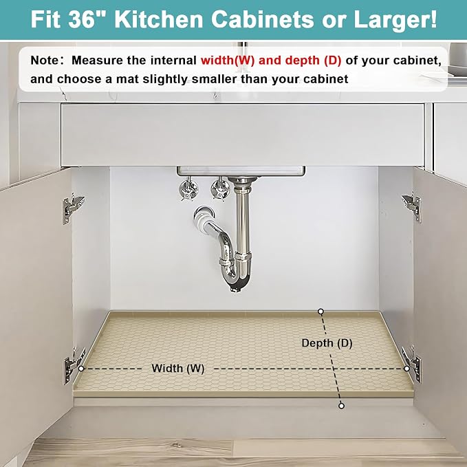 Under Kitchen Sink Mats and Protectors Waterproof, Silicone Under Sink Mat for 34" x 22" Cabinets, Under Sink Tray Organizer, Shelf Liner Cabinet Liner for Kitchen and Bathroom, Beige