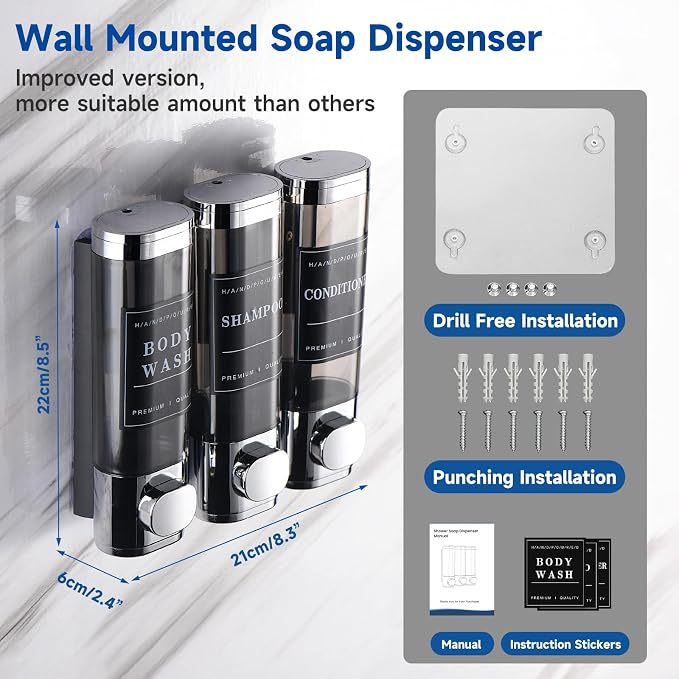 Shower Soap Dispenser Wall Mounted No Drill Shampoo Dispenser for Shower Wall Shampoo and Conditioner Dispenser Bathroom Hotel 3 * 300ml Chrome Self