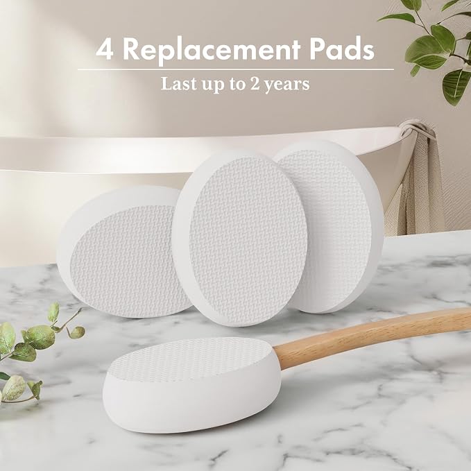 AmazerBath Lotion Applicator for Back, Feet, 4 Replacement Pads with 17" Curved Handle, Back Sunscreen Applicator for Kids, Elderly, Women, Apply Skin Cream Medicine Moisturizer Tanner, White