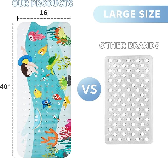 Baby Bath Mat for Tub Non Slip Kids Bathtub Mat Extra Long 40X16 Inch Toddler Bath Tub Shower Mat Anti Slip with Suction Cups & Drain Holes, Machine Washable,Seaworld