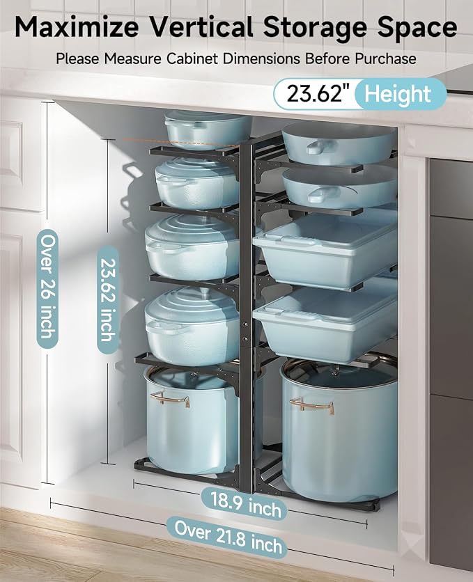 MUDEELA Pots and Pans Organizer Rack under Cabinet 23.62" Height, 10-Tier Adjustable Heavy Duty Pot and Pan Organizer Rack inside Cabinet for Kitchen Organizer Cast-iron Pans, Heavy Cookware