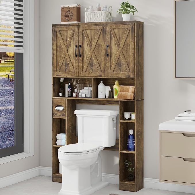 Vabches Over The Toilet Storage Cabinet, Farmhouse Toilet Cabinet Rack with 3 Barn Doors, Space Saving Bathroom Organizer with Shelves, Toilet Paper Holder and Towel Rack for Bathroom,Restroom, Brown