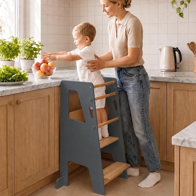EHHLY Toddler Standing Tower Kitchen Helper – Extra Safe Adjustable 3-Level Learning Tower, Stable Wooden Toddler Kitchen Stool and Step Stool for Independent Learning (Gray)