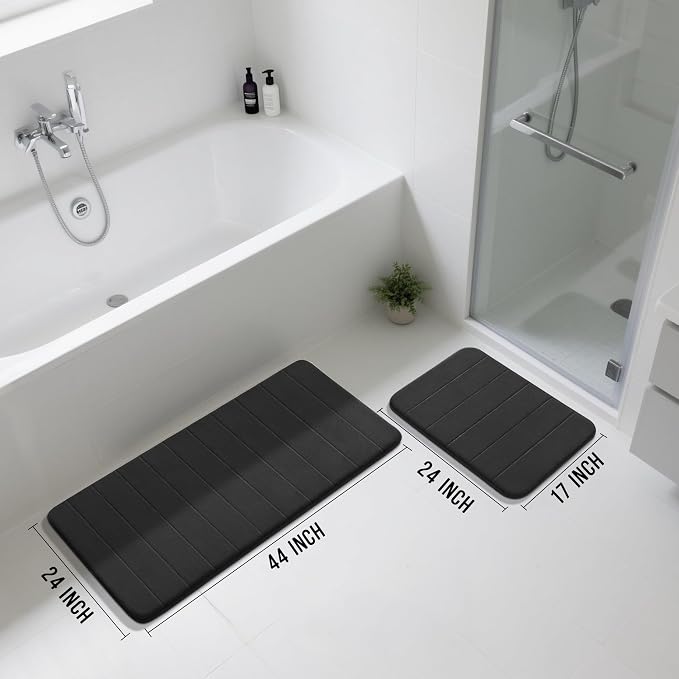 Yimobra Large Bath Mat Set 2 Piece- Super Soft Absorbent Quick Dry Memory Foam Bathroom Rugs, Machine Washable Non Slip Floor Carpet for Tub Shower & Double Vanity (17x24 & 44x24, Black)