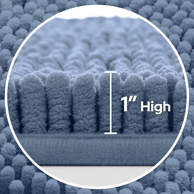 HOMEIDEAS 3 Pieces Bathroom Rugs, Ultra Soft Non Slip Absorbent Chenille Toilet Bath Mat Set (Grey Blue)