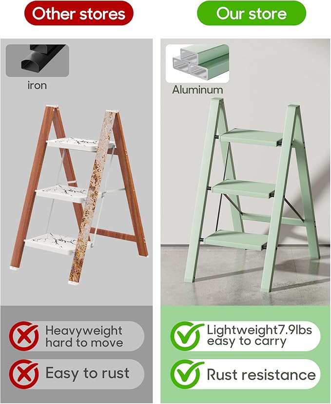 HillhutApex 3 Step Ladder, Lightweight Portable 3 Step Stool with Anti-Slip Wide Pedal, 330lbs Capacity Aluminum Ladder for Household,Office,Kitchen(Pale Green)