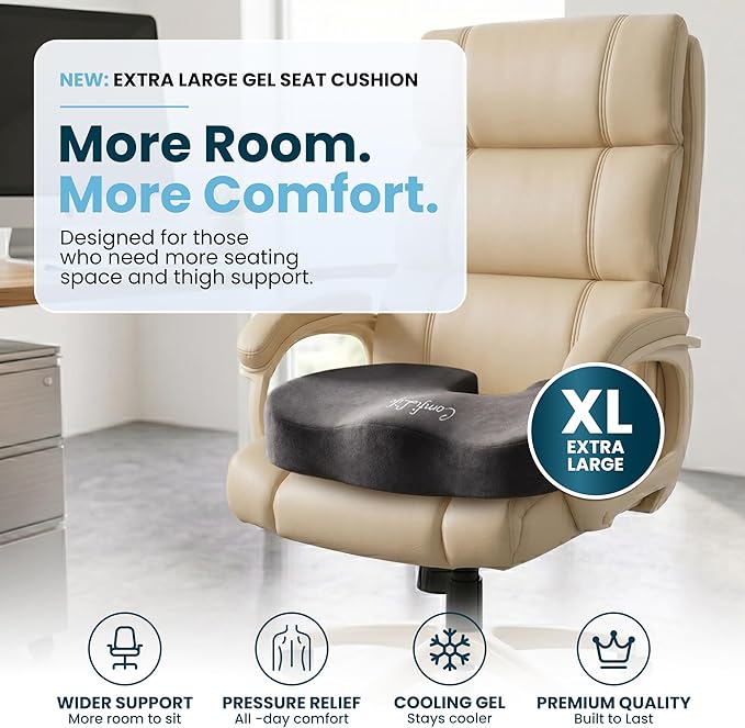 ComfiLife Extra Large Gel & Memory Foam Seat Cushion - Doctor Recommended Office Chair Cushion, Car Seat Cushion - Back & Sciatica Pain Relief - Wide Seat Cushion for Big & Tall (Charcoal)