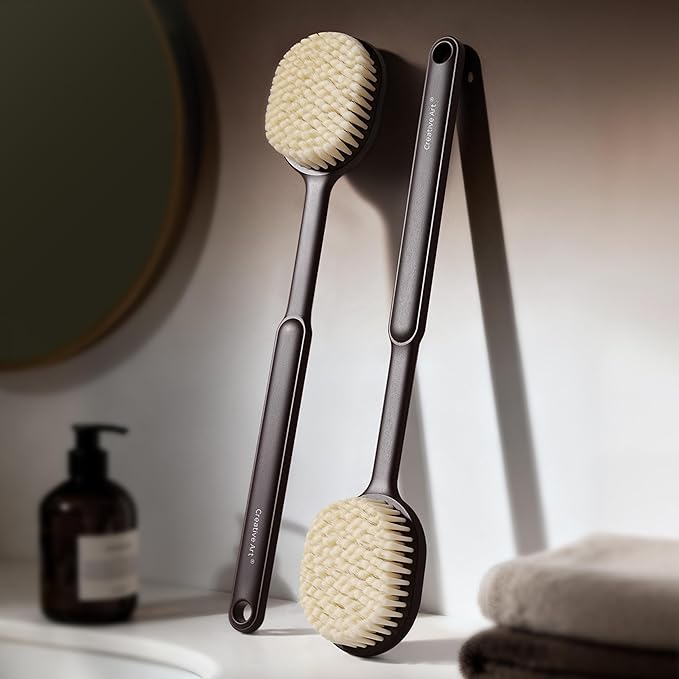 Back Scrubber for Shower for Men Women, Body Brush with Long Handle, Exfoliating Bath Washer with Soft Bristles for Wet or Dry Brushing, Back Scrub Deep Cleaning, Coffee Ground Infused
