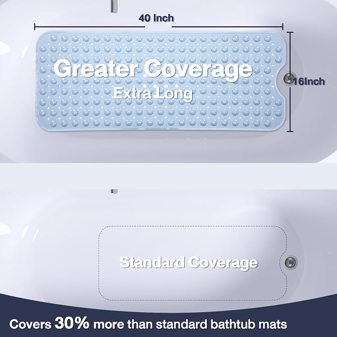 Extra Long Bathtub Mat Non Slip, Light Blue Soft Bath Mat for Tub 40 x 16 Inch Full Size, Bath Tub Shower Mats for Bathroom Floor, Big Suction Cups and Drain Holes, Easy Washable, BPA Free